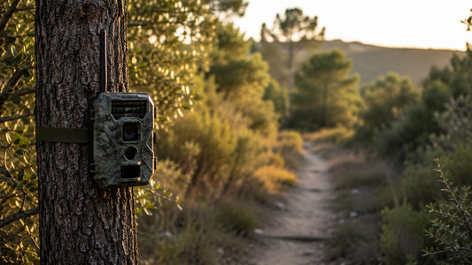 Cámara de fototrampeo instalada en árbol para caza y observación de fauna