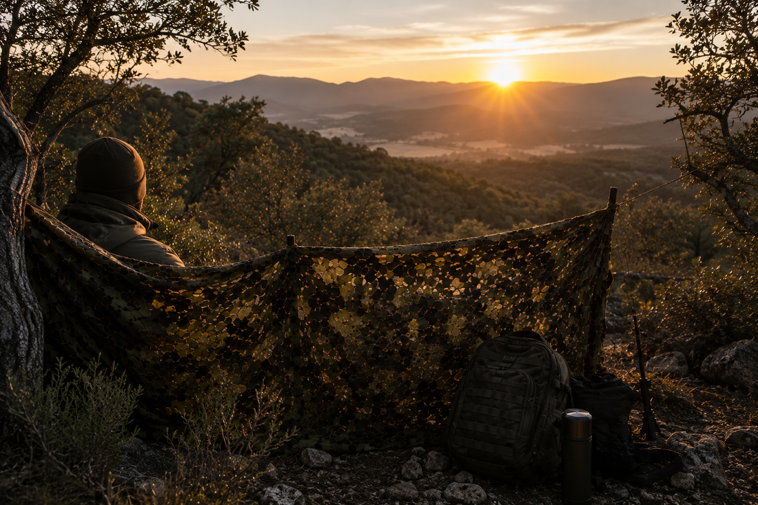 Puesto de caza al amanecer entre encinas y monte bajo