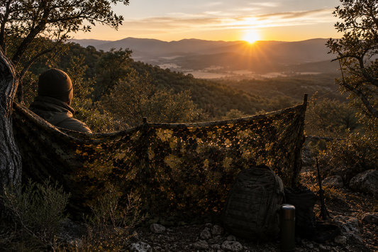 Puesto de caza al amanecer entre encinas y monte bajo
