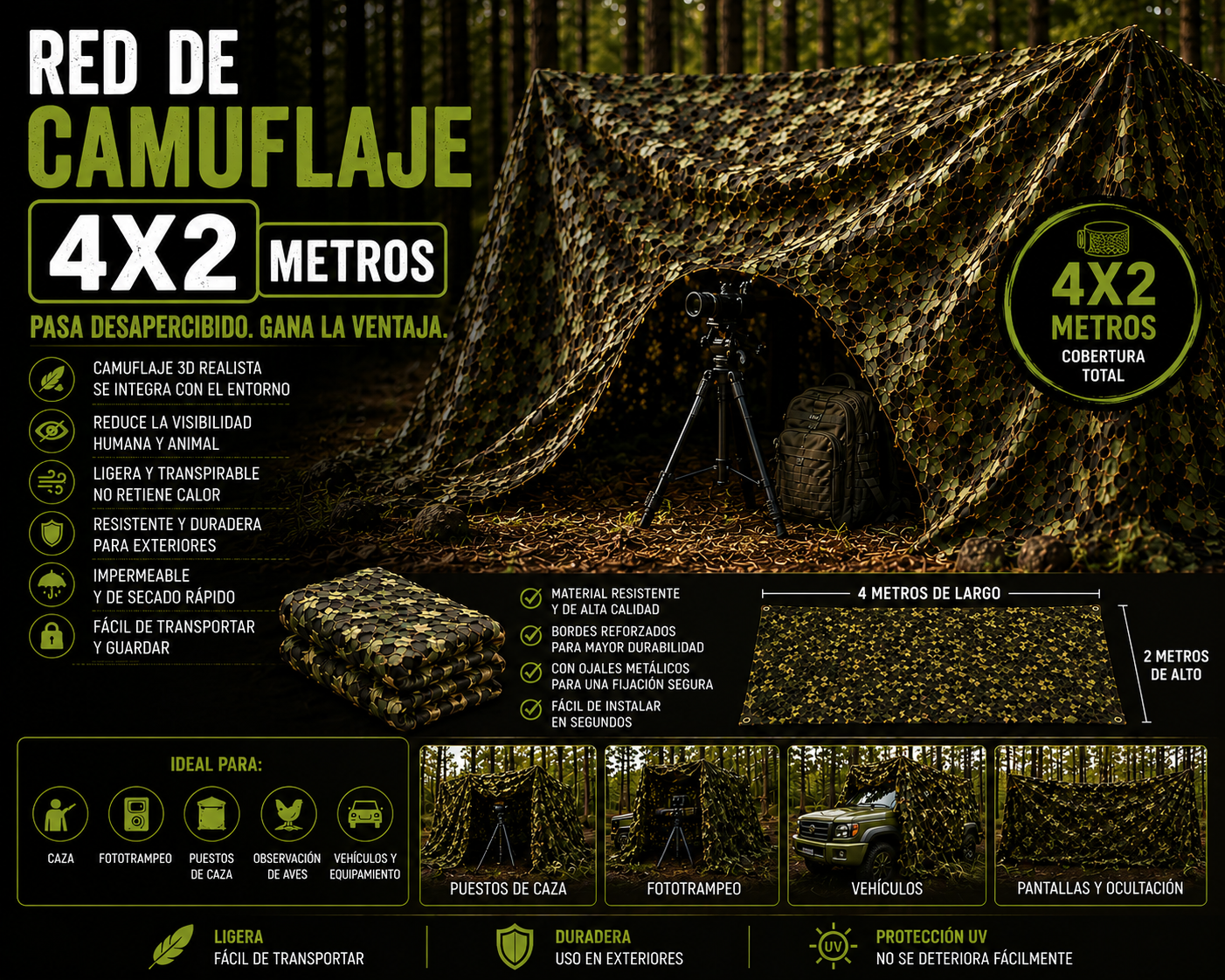 Red de camuflaje 4x2 metros forestal para caza y observación