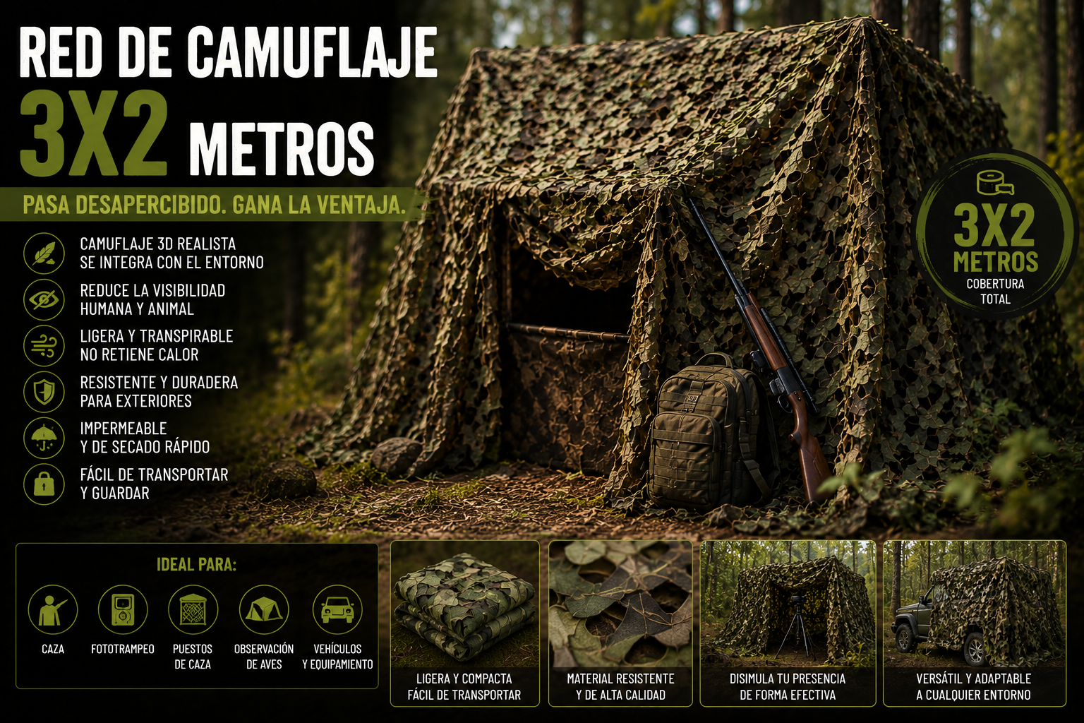 Red de camuflaje 3x2 metros verde bosque para caza, esperas y fototrampeo
