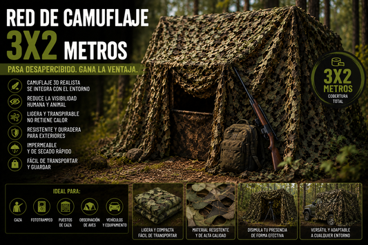 Red de camuflaje 3x2 metros verde bosque para caza, esperas y fototrampeo
