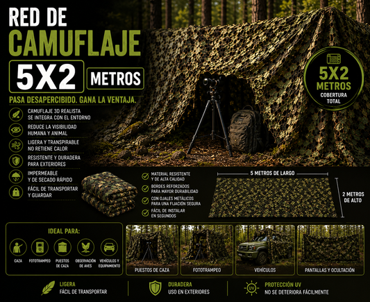 Red de camuflaje 5x2 metros verde para caza, vigilancia y airsoft