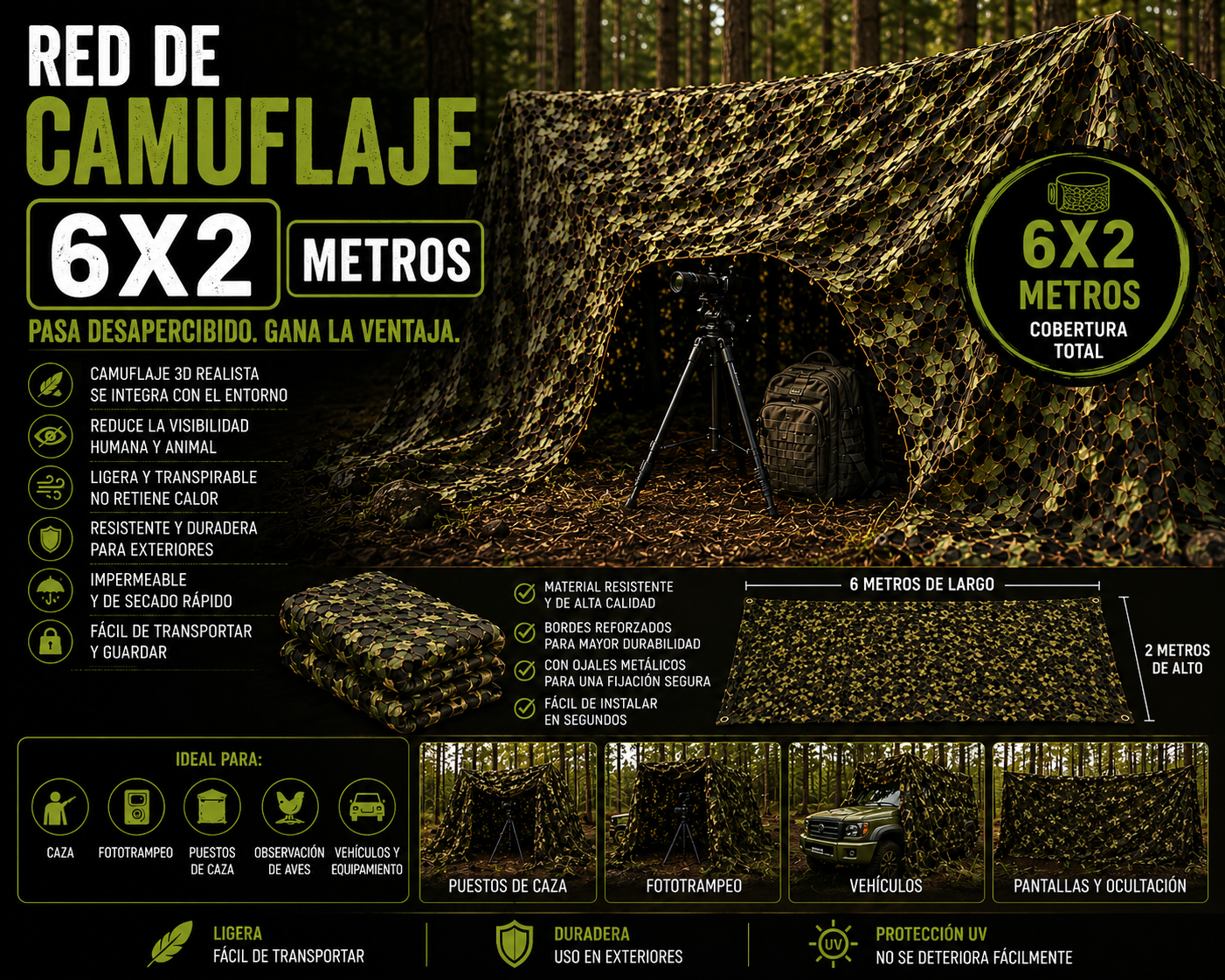 Red de camuflaje 6x2 metros verde bosque para caza y esperas
